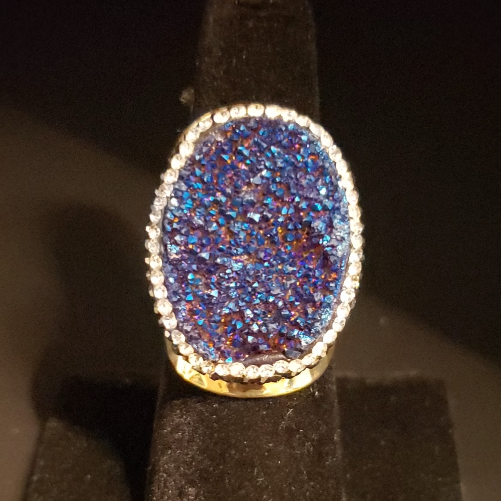 WIDE CIGAR BAND AGATE TITANIUM DRUZY CZ PAVE RING GOLD PLATED